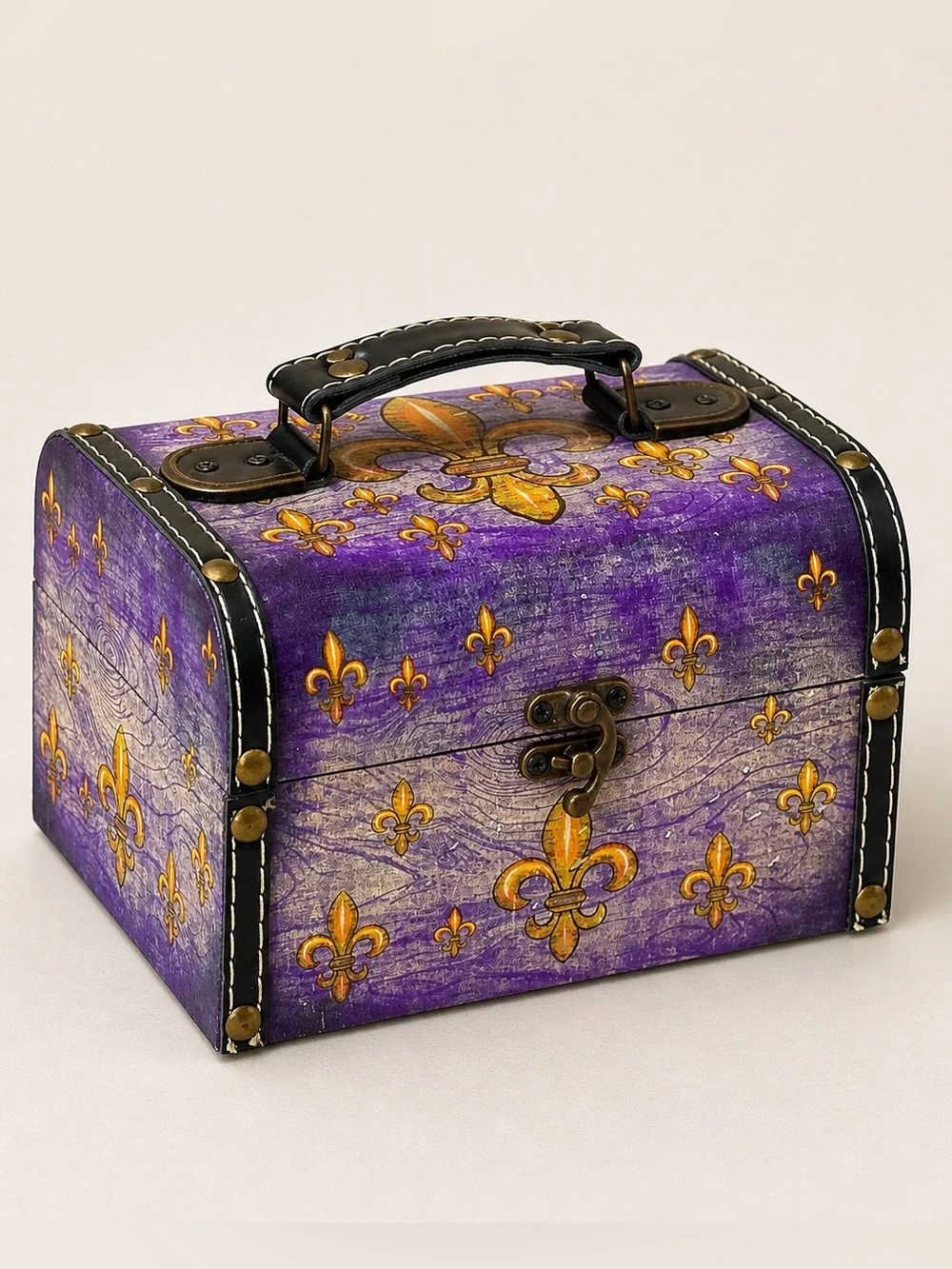 Vintage Purple Fleur De Lis Trinket Jewelry Box‎ Chest Lockable